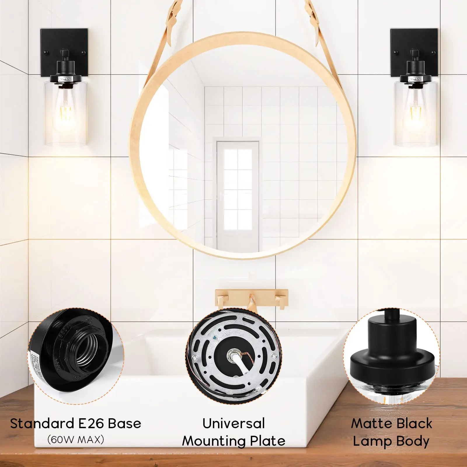 Bathroom Vanity Light Wall Sconces Set of Two Light Fixtures, Metal Wall Lighting with Clear Glass Shade for Living Room Mirror