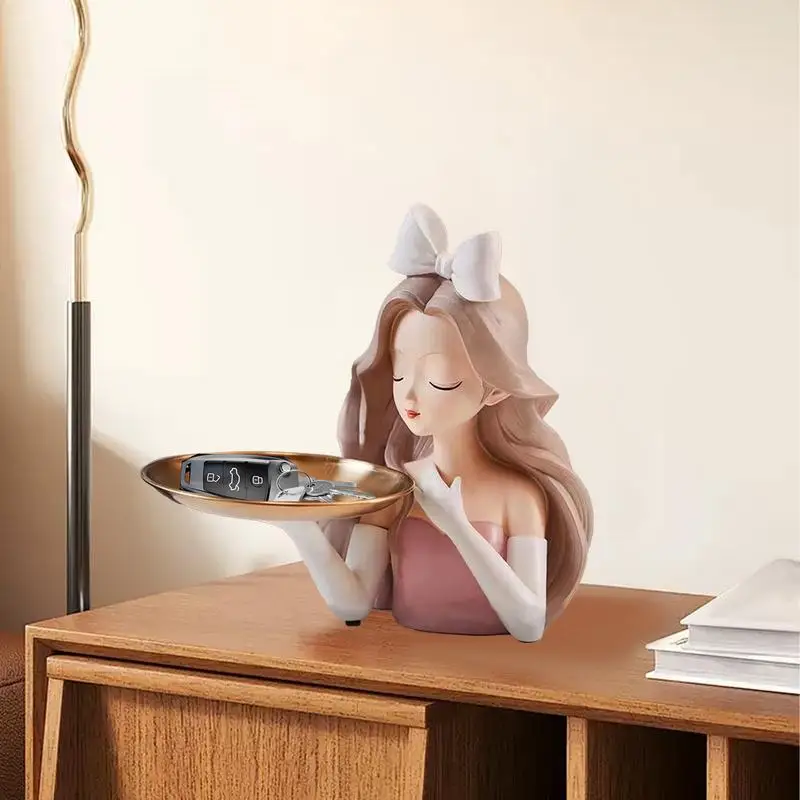 Key Holder For Table Entryway Tray Decorative Trays Candy Tray Key Bowl Resin Girl Statue Jewelry Organizer Collectible 6