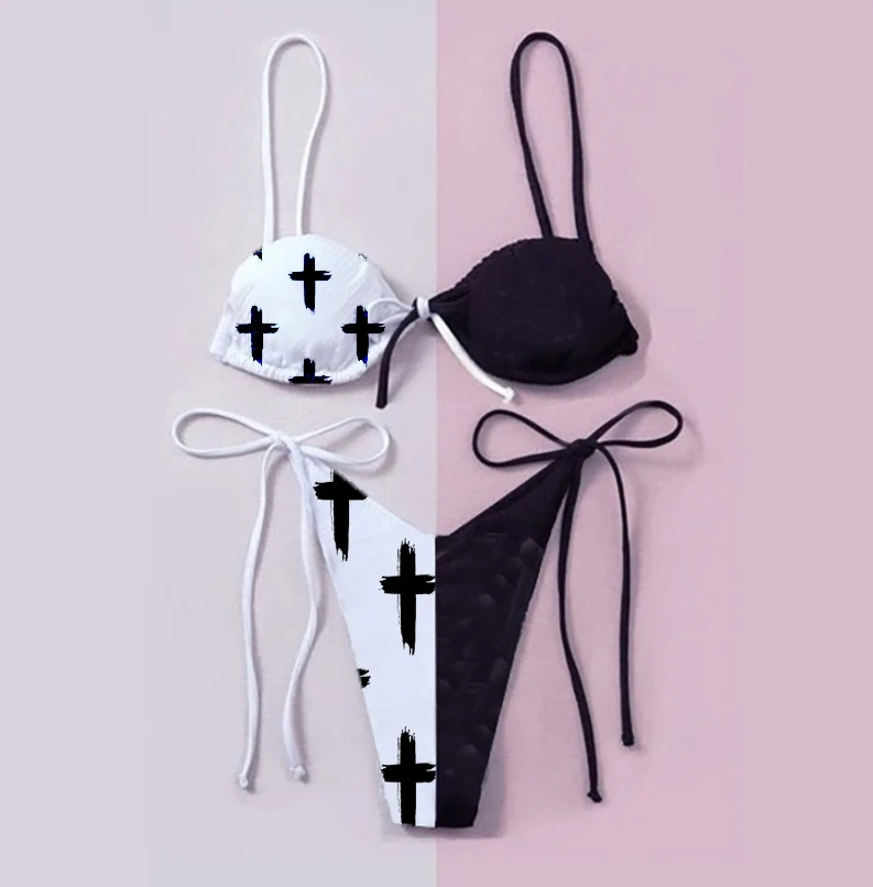 

Yiiciovy Women's Two-Piece Bikini Set Funny Halloween Pool Party Patchwork Color Tie-Up Letter Pattern Bikinis Split Swimsuits