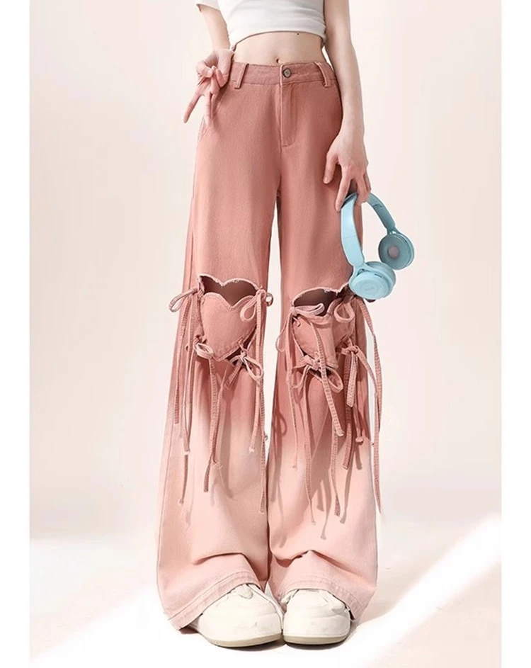 Large Size Cute Pink Heart Shape Summer Thin Lace-up Jeans Women's Loose Fashion High Waist Straight Wide Leg Ripped Floor Pants - Image 4