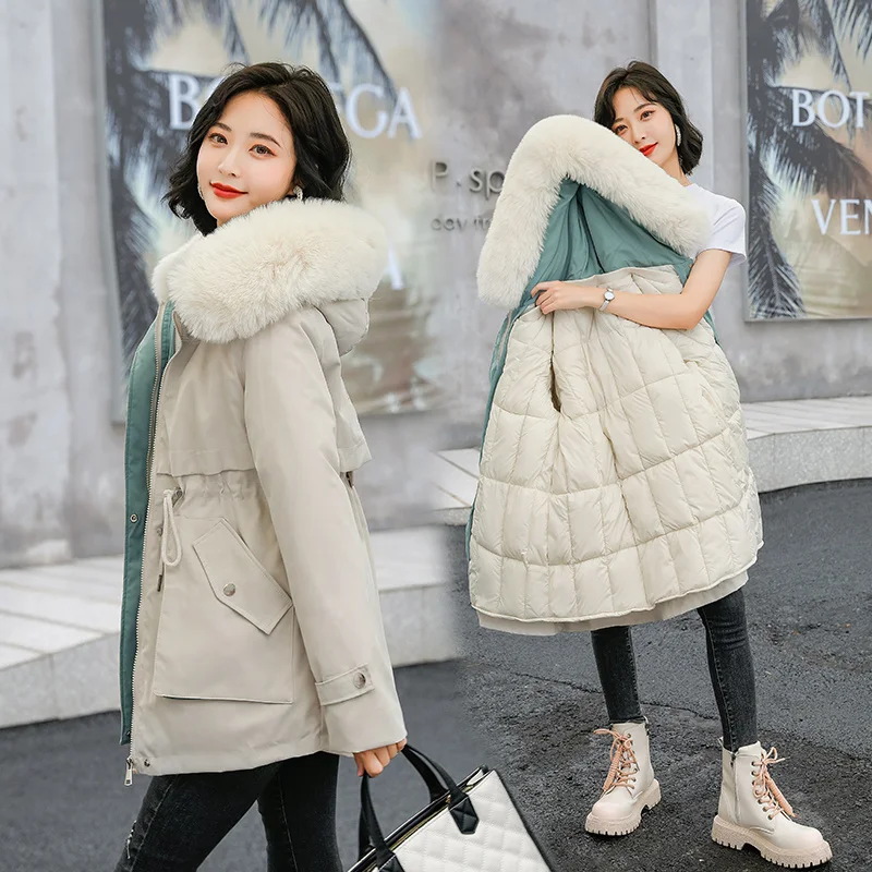 Oversized Fake Fur Hooded Parkas Women Korean Fashion Letter Print Down Cotton Padded Coat Snow Wear Thick Puffer Winter Jacket