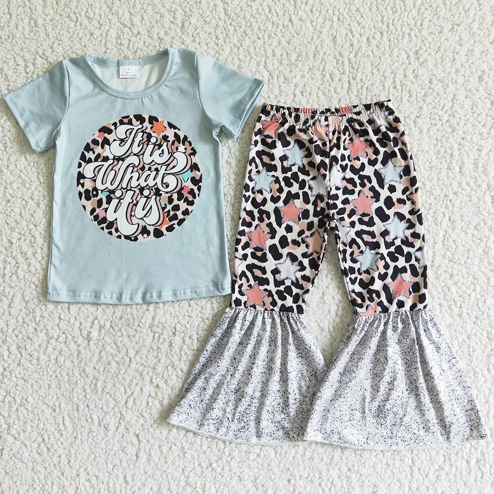 

New Fashion Baby Girls Designer Clothes Short Sleeve Bell Pants Set Star Print Boutique Toddler Children Girls Clothes Wholesale