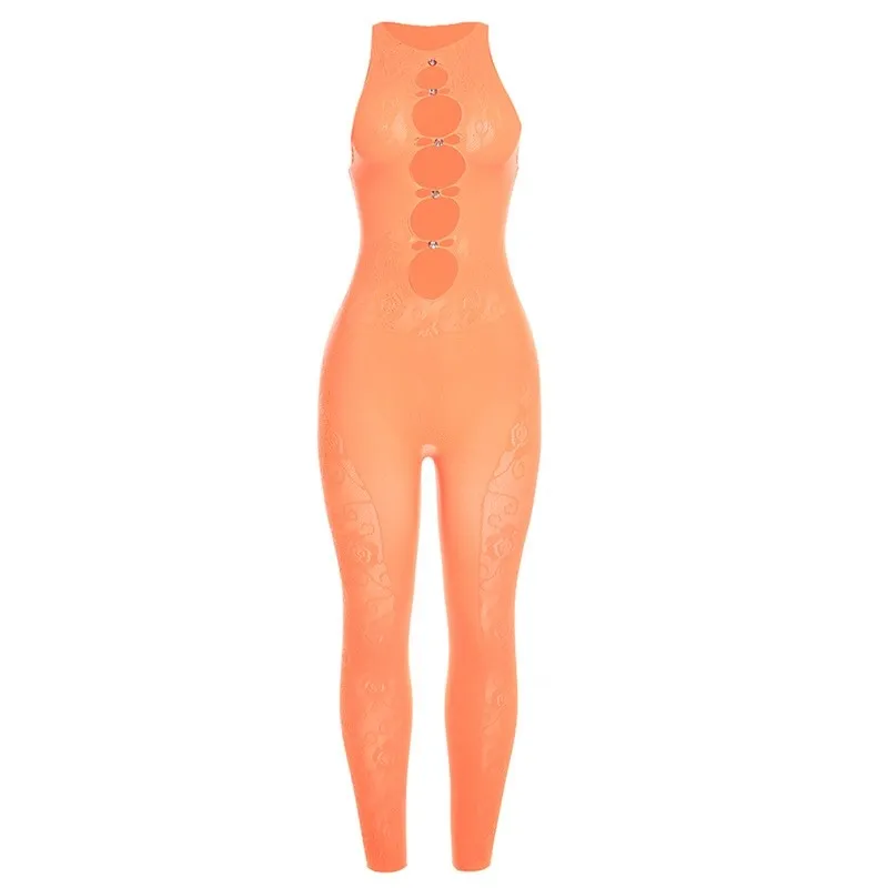 Sexy Hollow Out Jumpsuit For Women Sheer Sleeveless See Through Patchwork Solid Tight Midnight Party Workout Cut Out Overalls