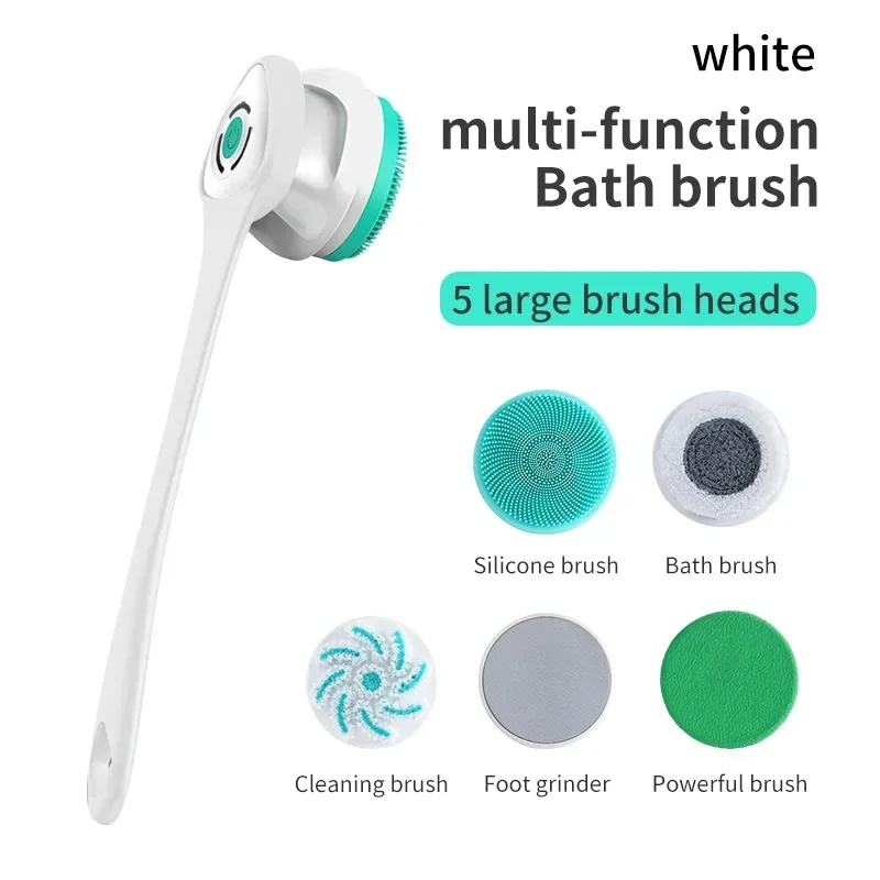 Auto Rotating Electric Waterproof Massage Shower Brush Multi-function Silicone Massage Bath Brush with 5 Large Heads Cleaning Brush