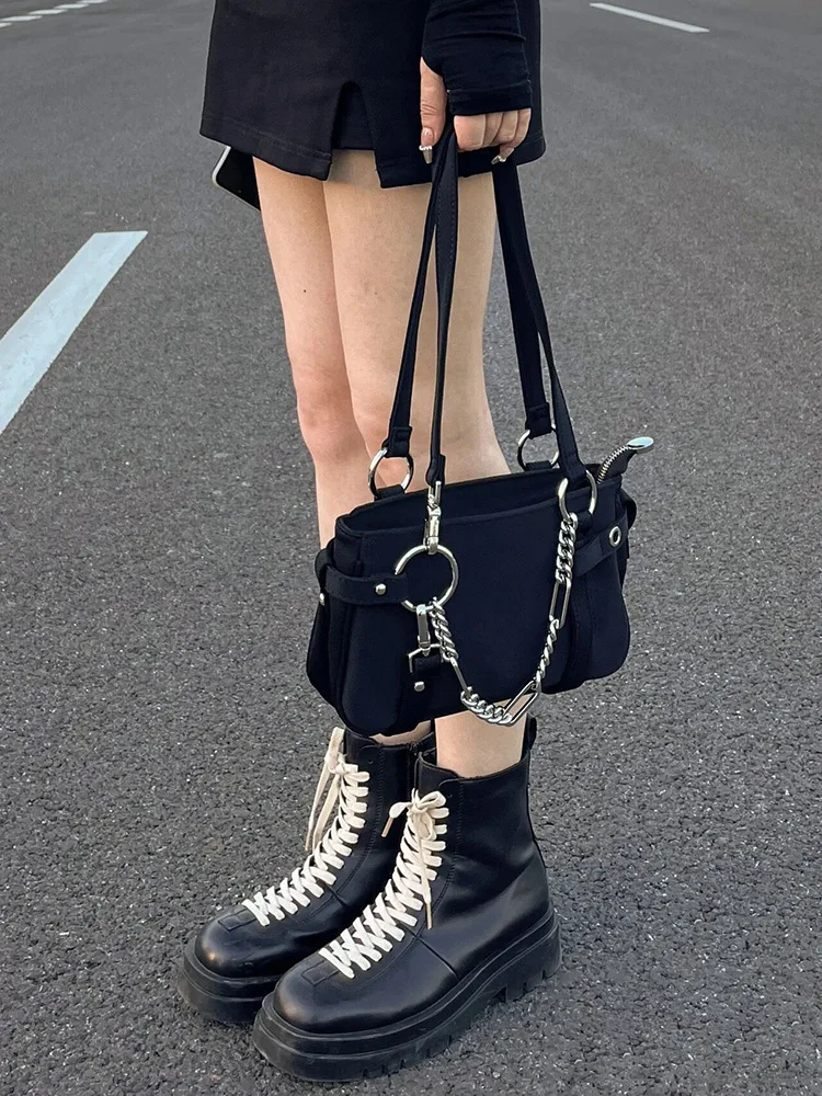 

Harajuku Women Shoulder Bags Underarm Black Nylon Bag All-match Zipper Designer Hip-hop Chain Handbags Female Street Satchels