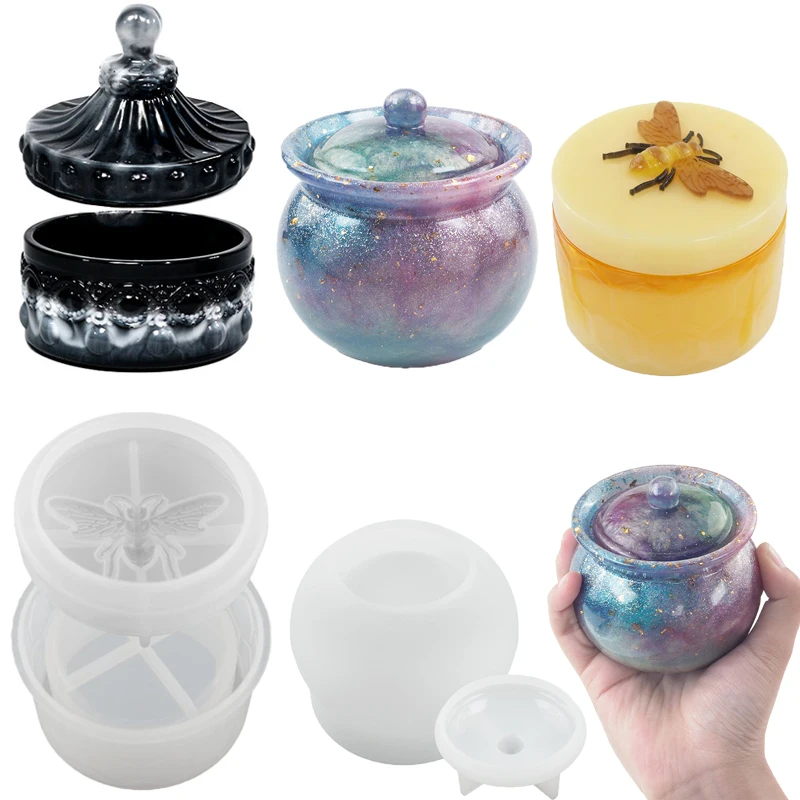 

Round Candle Jar Mold with Lid Concrete Candle Vessel Silicone Mould Cement Plaster Resin Flowerpot Storage Box Craft Molds Tool