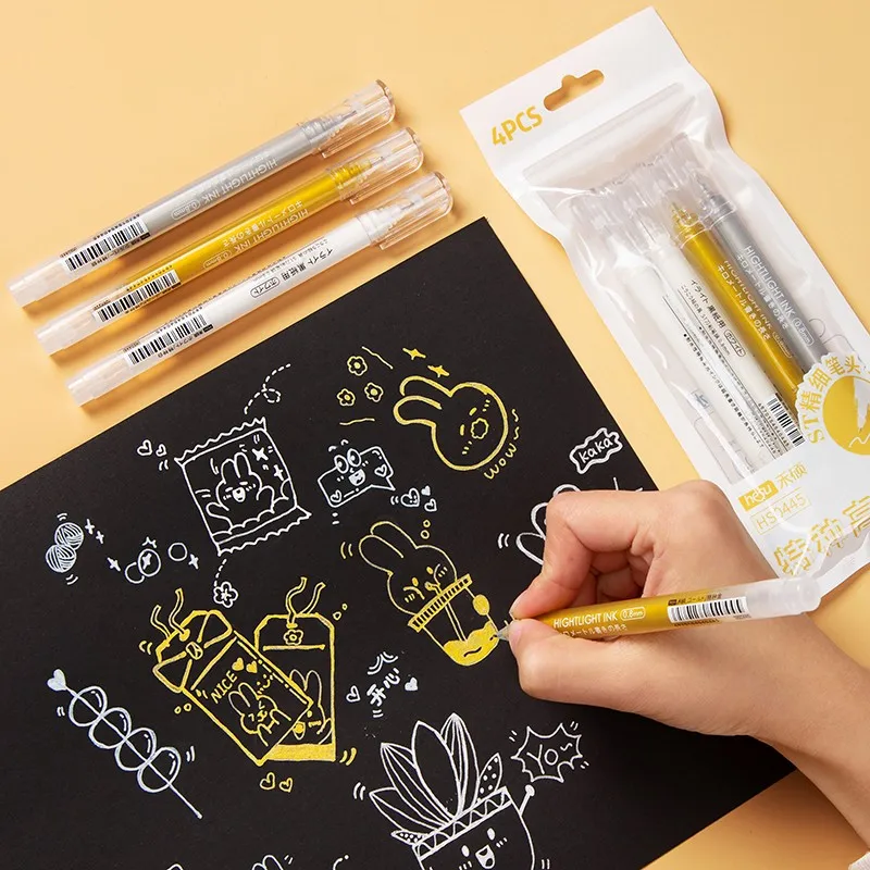 

4pcs Art Marker Pens Set Silver Gold White Highlighter Ink 0.8mm Fine Bullet Waterproof for Drawing Sketch Album Paint A7131