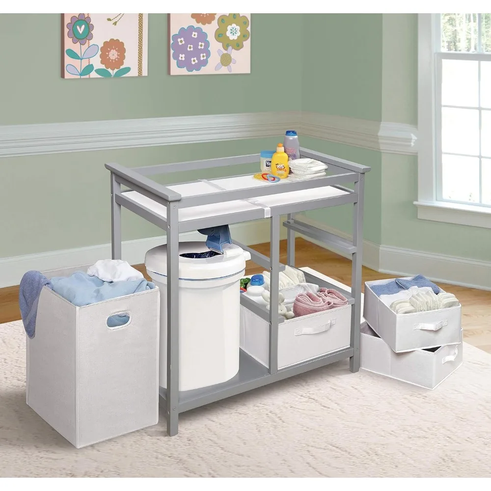 Modern Baby Changing Table with Laundry Hamper, 3 Storage Drawers and Pad, Diaper Change Station-Cool Gray/White