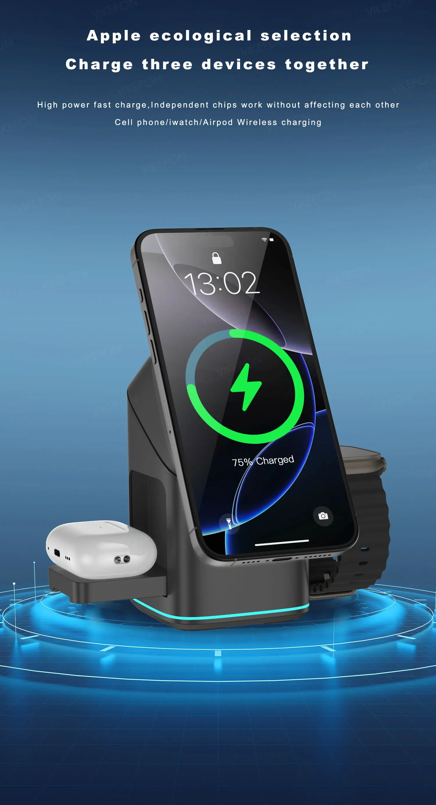 3-in-1 Electric Rotation Magnetic Wireless Charger With LED Breathing Light For Mag Safe IPhone 16 15 14 13 12 IPhone Watch Pro_voghion.com