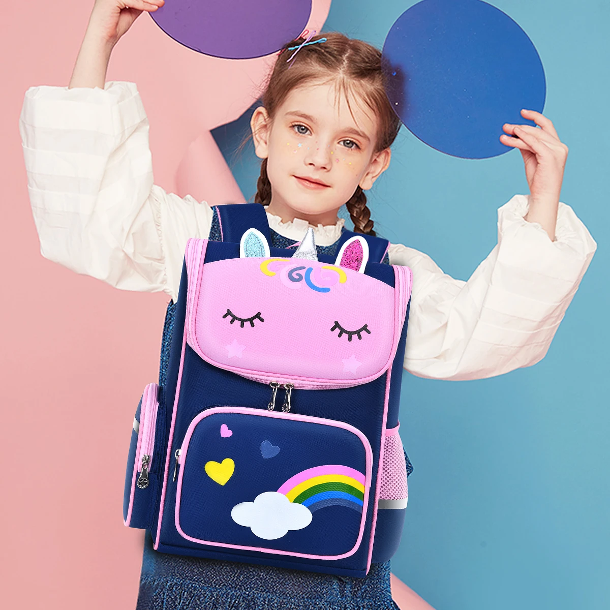 Zaino per bambine con unicorno, zaino per libri per bambini, zaino scolastico con occhi arcobaleno, zaino per ragazze adolescenti per viaggi, zaino impermeabile. - immagine 4