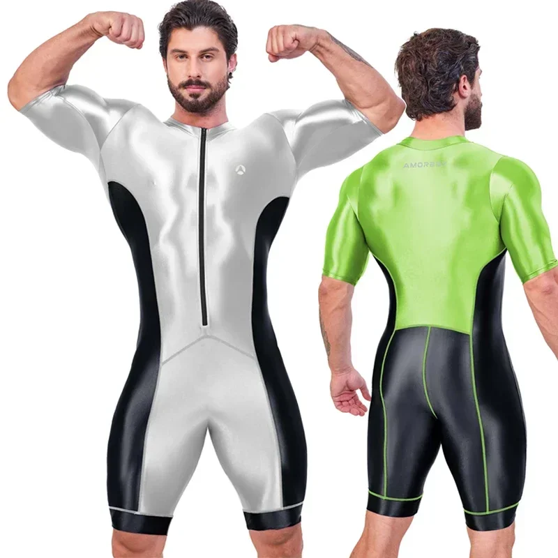 Sports Jumpsuit Pants AMORESY Gladius Series Front Zipper Short-sleeved Spandex Sports Knee Length Romper Unitard Jumpsuit Fitness Swimwear Swimsuit