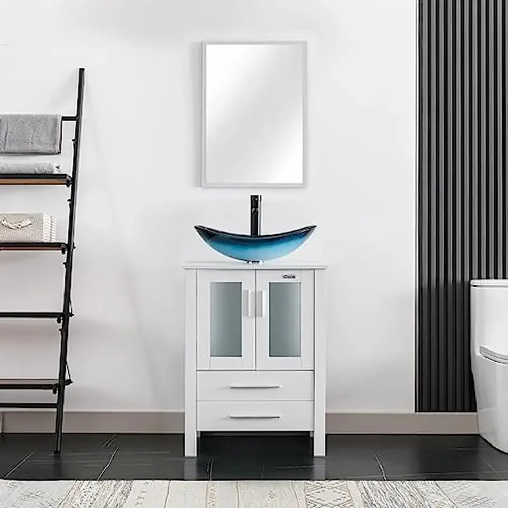 24" White Bathroom Vanity Stand Cabinet with Blue Boat Tempered Glass Sink & ORB Faucet Spacious Storage High Quality Material & 2