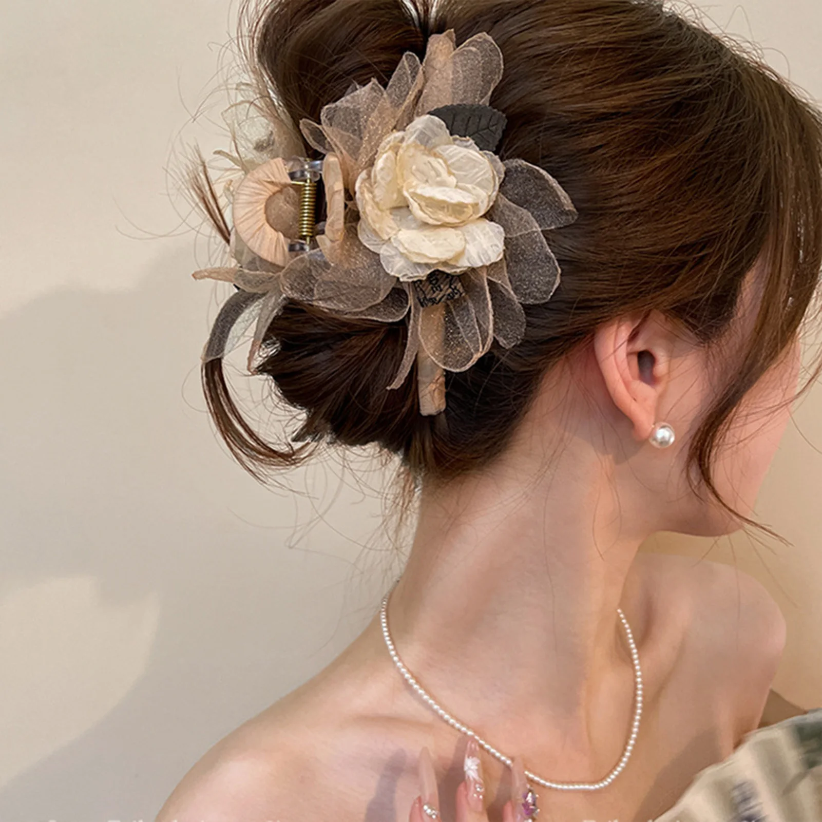 Koreanischen Stil Blume Haar Klaue Champagner Farbe Mesh Berg Kamelie Shark Haar Greifer Sweety Exquisite Blume Haar Zubehör – Detail 3