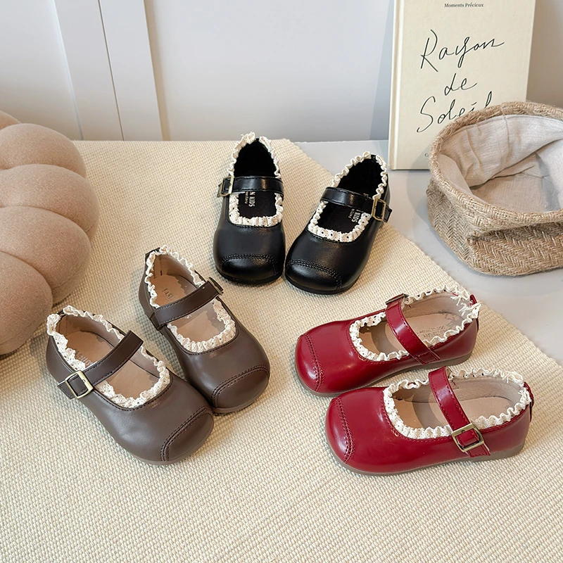Children's Flats Sweet Ruffled Edge Girls Fashion Leather Shoes Princess Spring Autumn Kids Causal Ballet Dress Mary Jane Shoes