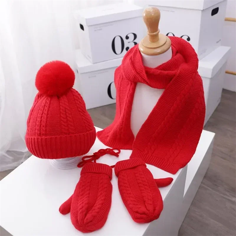 Children's Knitted Pompom Beanies Hat and Scarf Set Kids Hats and Scarfs Glove Solid Suit Warm Cap Boys Girls Winter 1-5T