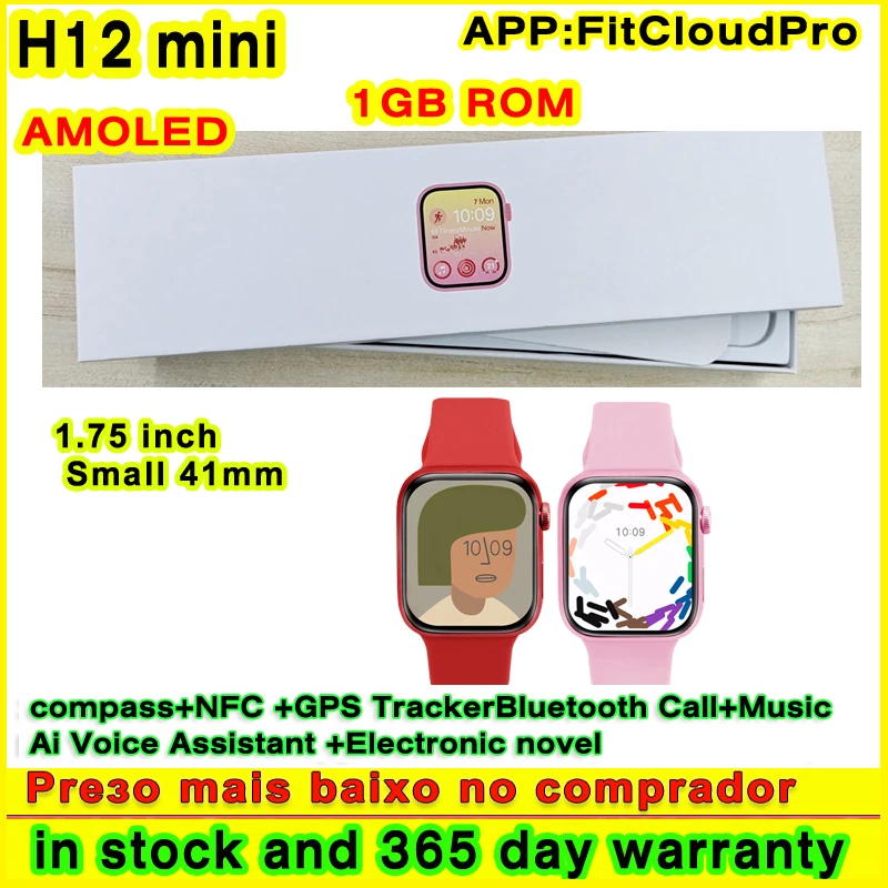 

AMOLED Original H12 Mini Smart Watch 1GB ROM Women 1.75 inch 41mm Bluetooth Call Compass Music NFC Smartwatch OS10 Album Sync
