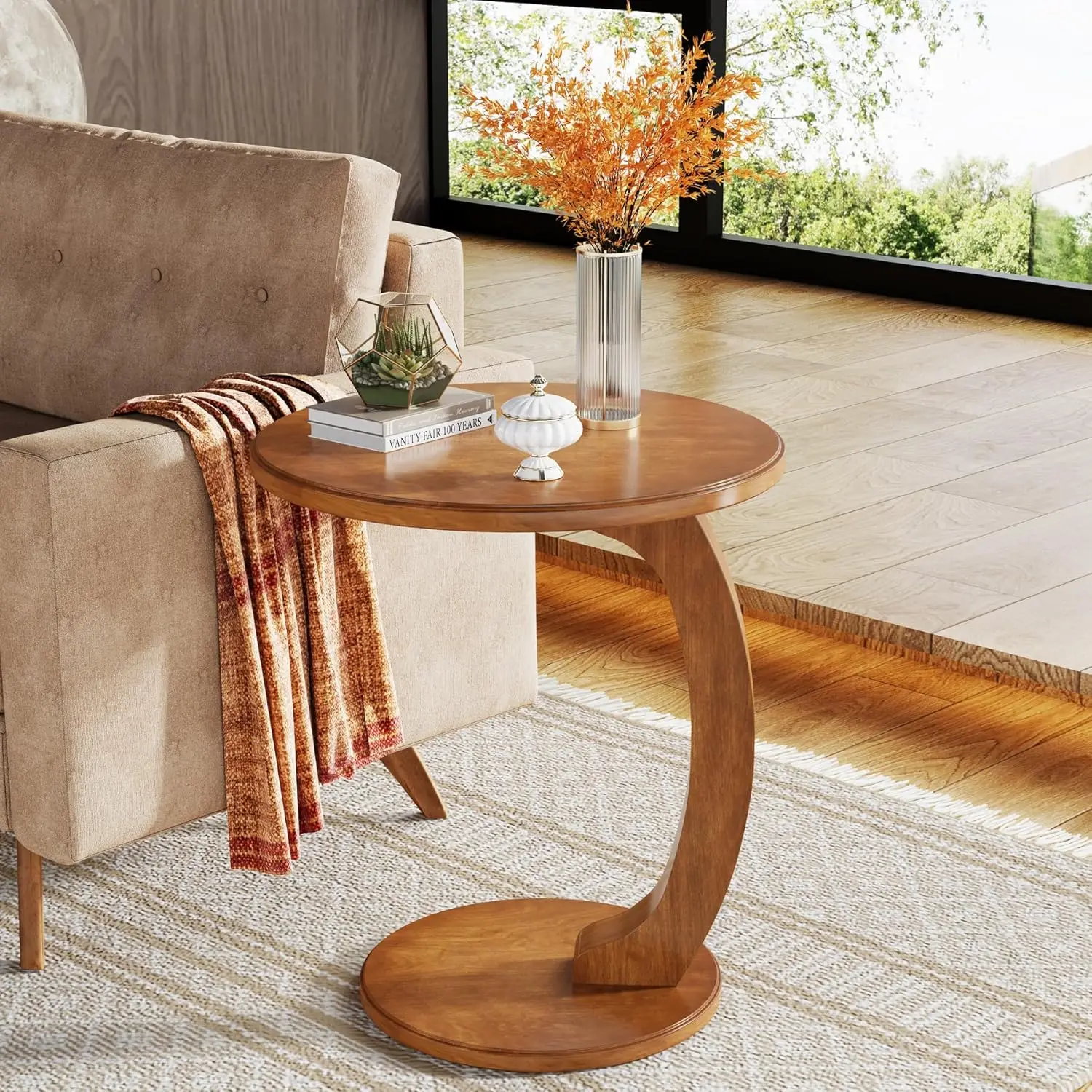Solid Wood C-Shaped Side Table, Small Couch Side Table, Mid-Century End Table, Retro Side Table, Boho Side Table for Living Room 4