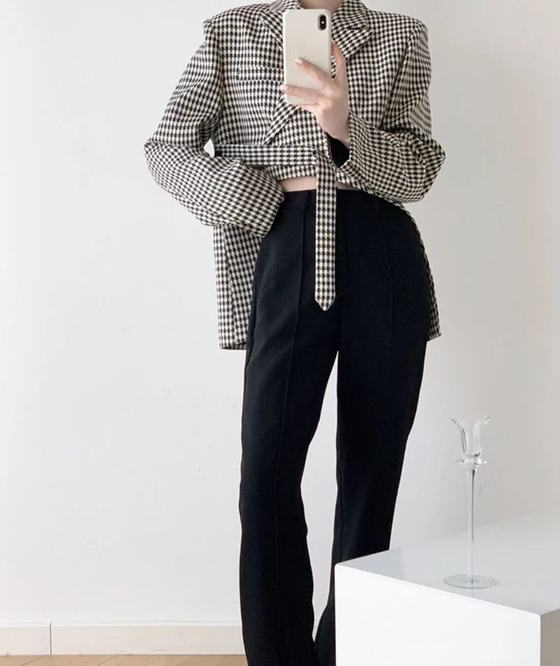 Houndstooth Plaid Blazer Women’s Black Irregular Suit Jacket Streetwear Korean Ribbon Cropped Womens Coat Office Lady Elegant Striped Jackets Outwear Plus size Blazers for Woman 