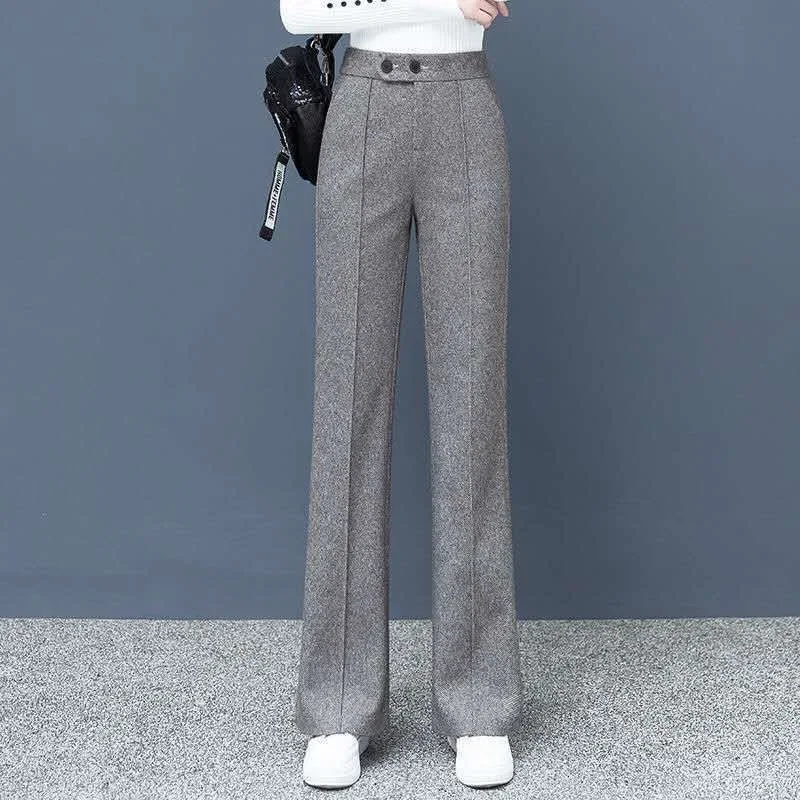 Women Winter Casual Big Size Thick Wool Blend Straight Pants New High Waist Loose Trousers Korean style Woolen Wide Leg Pants