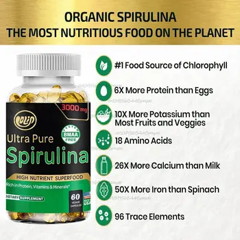 Organic Spirulina Powder 60 Capsules 300MG Best Original Vegetarian Protein - Green Superfood - Natural Multivitamin