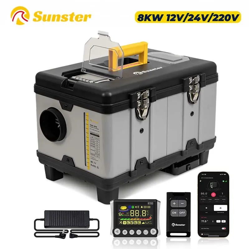 8KW Toolbox Diesel Air Heater 12V/24V/220V With Adapter Auto Thermostat Bluetooth App Display For Truck Car Parking Heater TB10