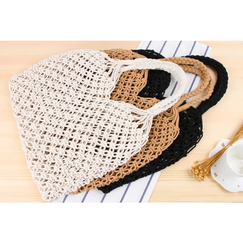 Wind Cotton Handmade Woven Bag, Beach Bag, One Shoulder Portable Leisure Hollowed Out Tourism And Vacation Fishing Net Bag
