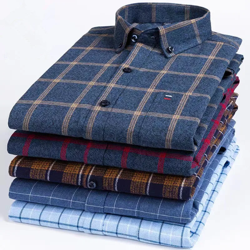 Cotton Shirt Men Plaid Long Sleeve Regular Fit Casual Oversized Leisure Autumn Spring Plus Size
