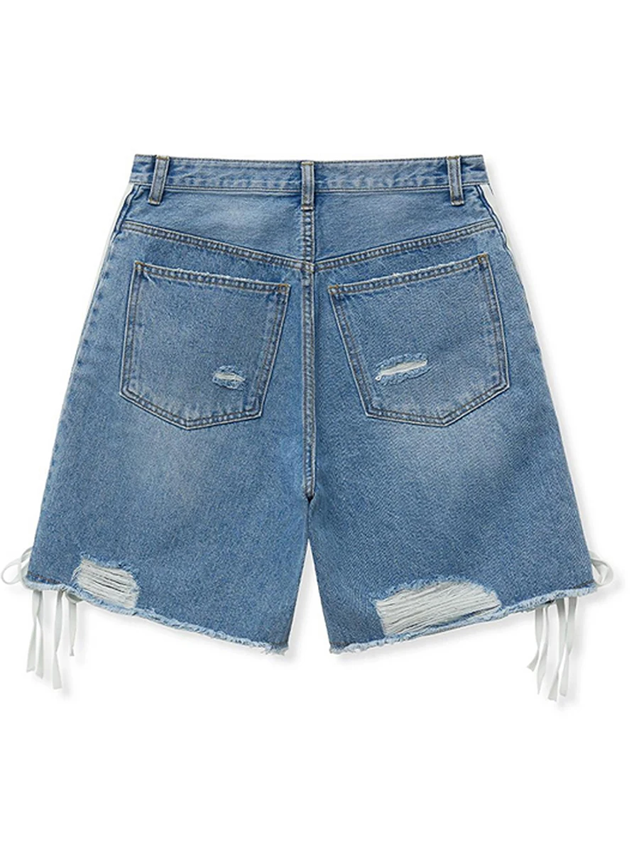 Women s Distressed Denim Shorts with Frayed Hem and Lace-Up Detail Perfect for Summer Vacation and Street Style