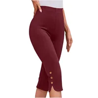High-Waisted Elastic Seven-Foot Pants Women's Mid-Calf Trousers Base Layer Clothing with Button Detail - Image 2