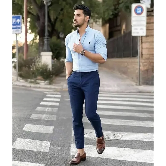 Slim Fit Cigarette trousers - Dark blue/Checked - Men | H&M IN