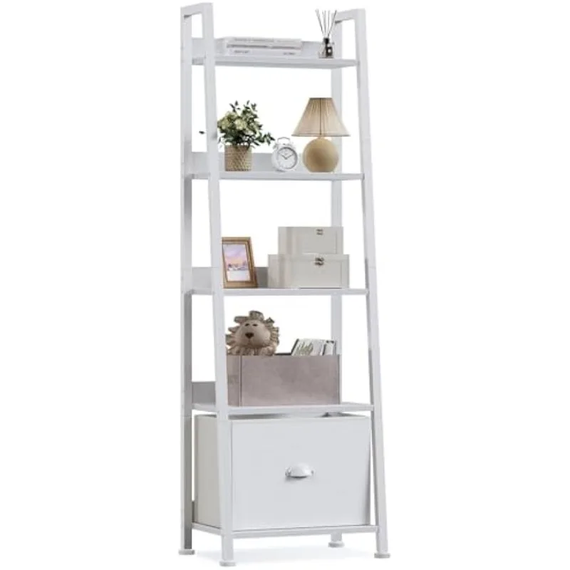 furologee-5-tier-white-ladder-shelf-ladder-bookshelf-with-removable-drawer-mordern-bookcase-storage-rack-organizer-wood-metal