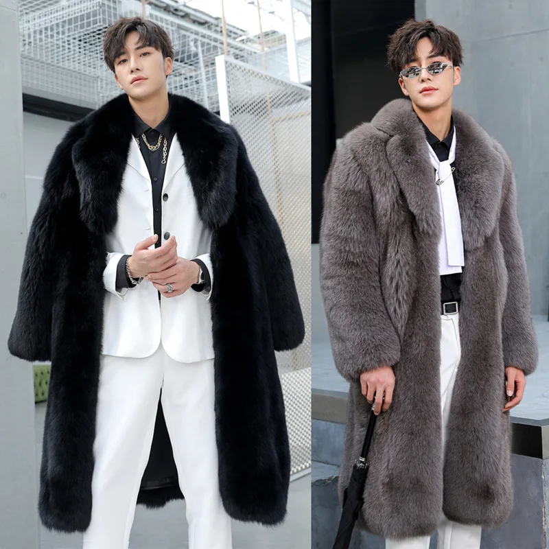 

Autumn and winter new men's fur coat imitating fox long coat with added fat and enlarged wool for warmth and casual windbreaker