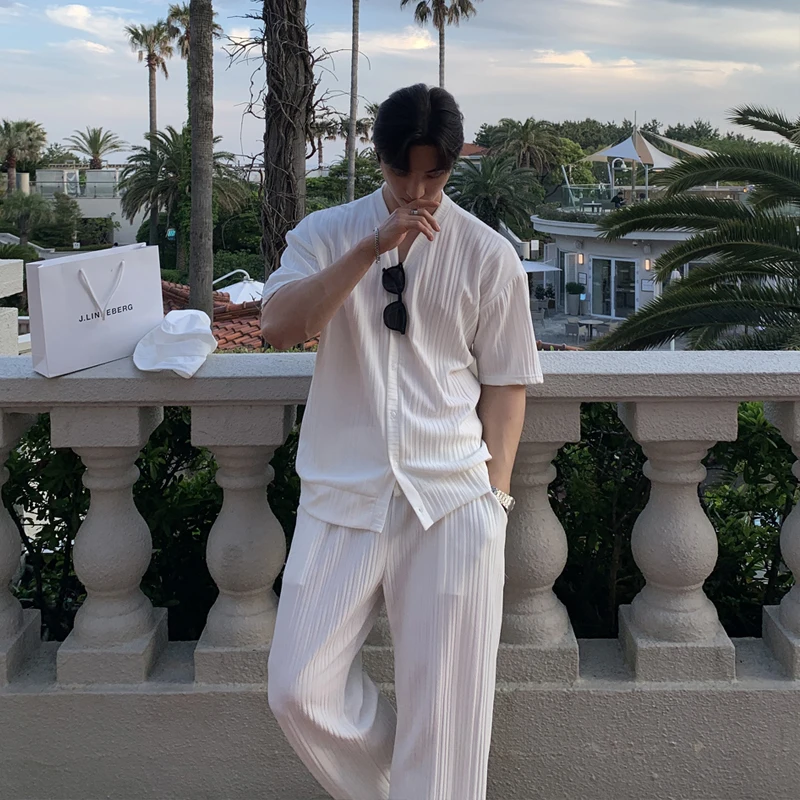 Summer Men's Loose Ice Silk Suits Fashion Casual V-neck Short Sleeve T-shirt And Pants Drape Two-piece Sets Men Clothes 2