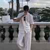 Summer Men's Loose Ice Silk Suits Fashion Casual V-neck Short Sleeve T-shirt And Pants Drape Two-piece Sets Men Clothes 2