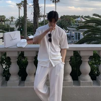 Summer Men's Loose Ice Silk Suits Fashion Casual V-neck Short Sleeve T-shirt And Pants Drape Two-piece Sets Men Clothes 2