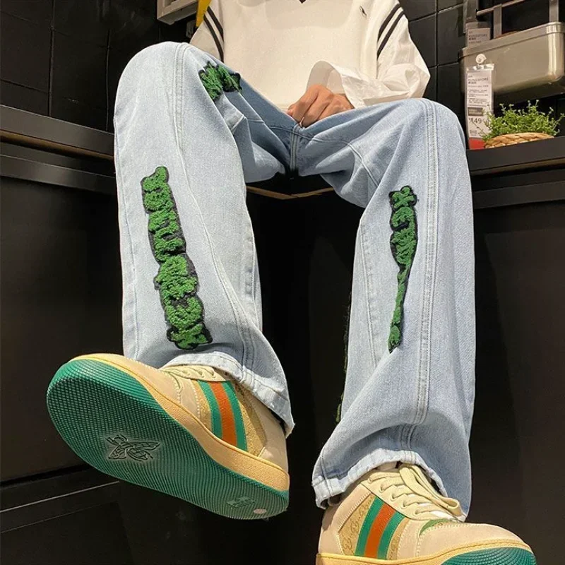 Jeans for Men With Print Straight Trousers Grunge Y2k Graphic Baggy Low Rise Stretch 2023 Trend 90s Streetwear Mens Cowboy Pants