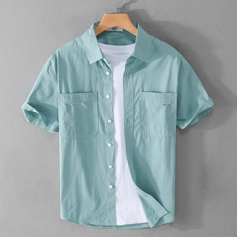 Summer Men's Casual Short Sleeve Shirt Cotton Sold Color Loose Simple Male Workwear Versatile Youth Fresh Shirt