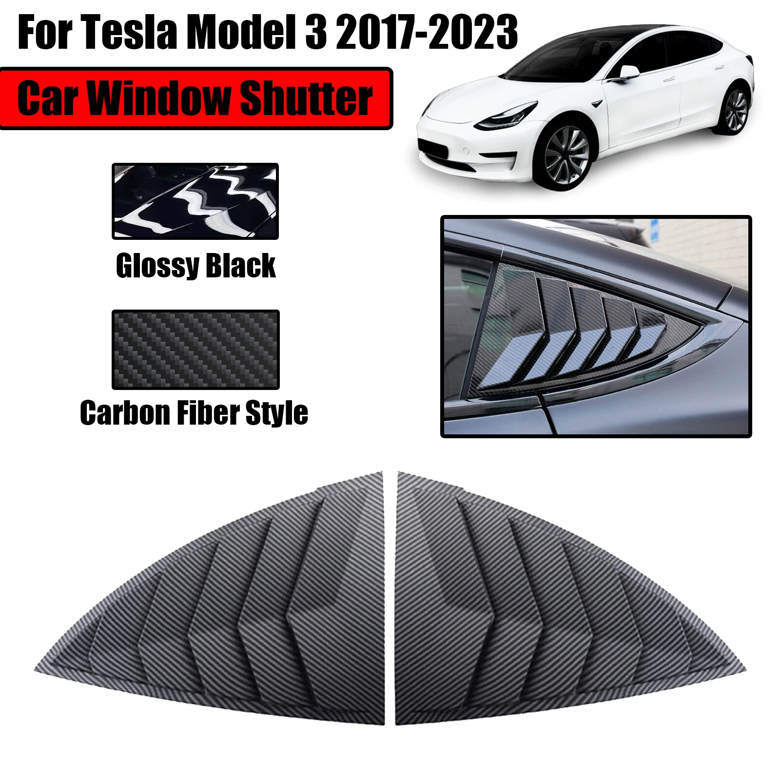 

For Tesla Model 3 2017- 2023 Car Window Louver Shutter Cover Trim Rear Side Air Sun Rain Vent Shade Carbon Fiber Style