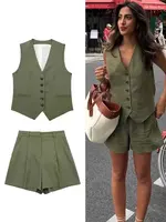 HH Women Elegant Solid Waistcoat Pant Sets Single Breasted V Neck Vest Top + High Waist Slim Shorts Lady Office Wear Suits