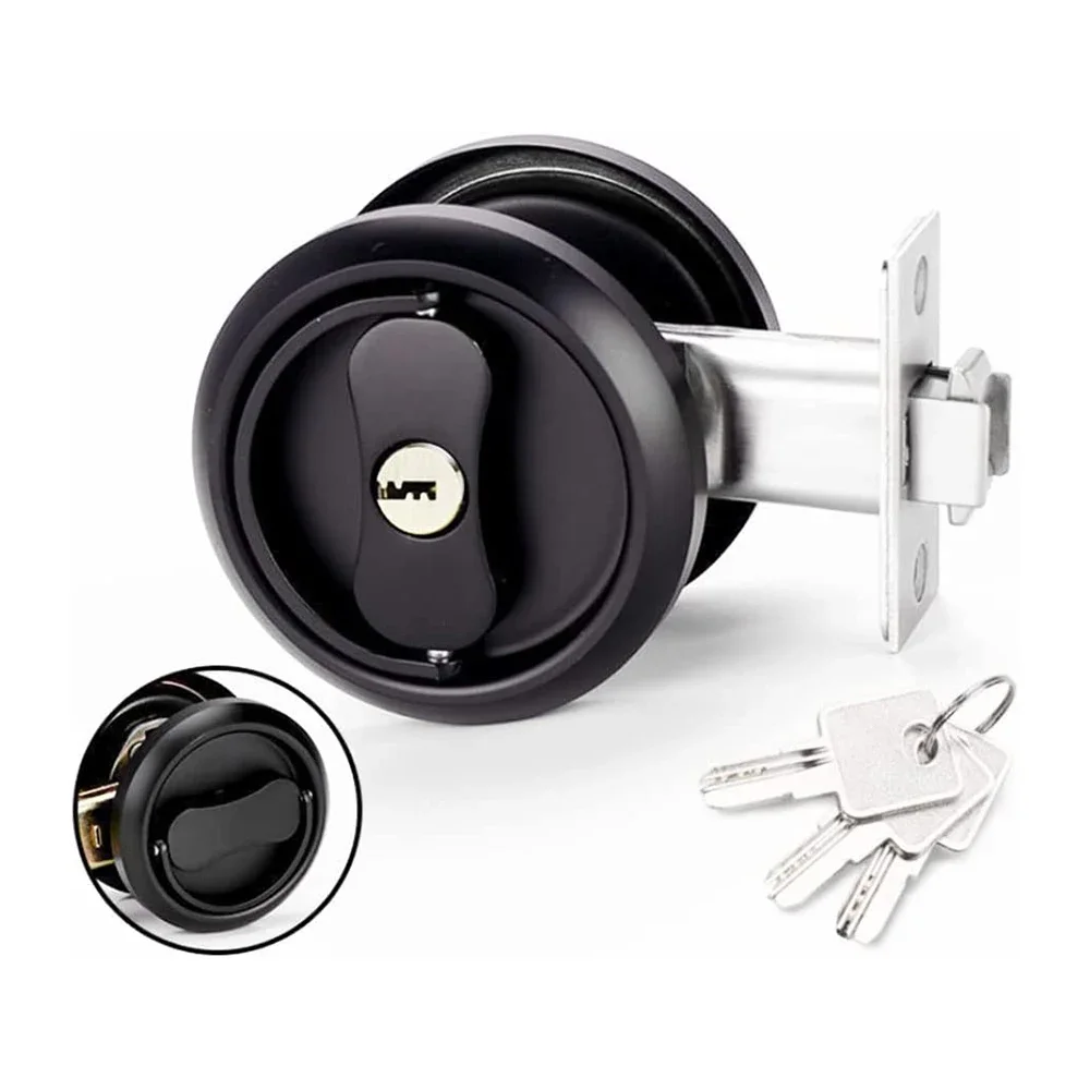Recessed Interior Sliding Door Lock Round Privacy Sliding Door Closing with Keys Hidden Pull Ring Latch