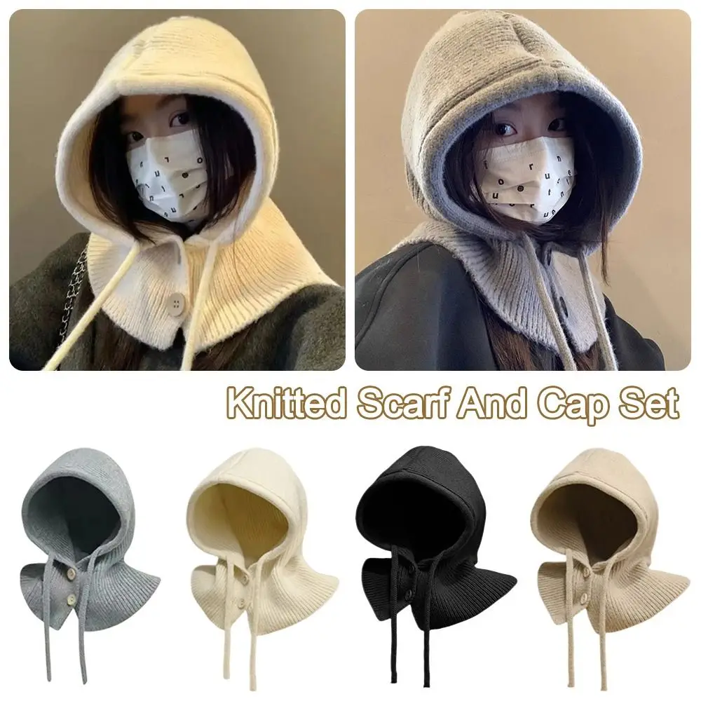 New Warm Knitted Scarf And Cap Set Windproof Thermal Integrated Scarf Drawstring Cap Winter