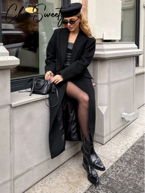 Elegant Women's Woolen Coat Black Single-Button Stand Collar Slim Lady Long Coats 2025 Autumn Winter Chic Female Streetwear New 3