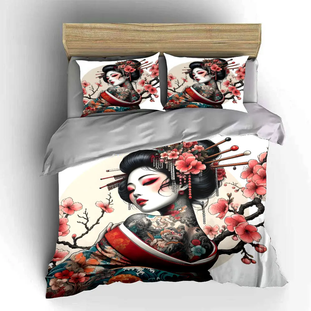 Geisha with tattoo and cherry blossoms Printed Duvet Cover Set1 Duvet Cover+2 Pillowcase Multi Size Bedroom Bedding Decor 5