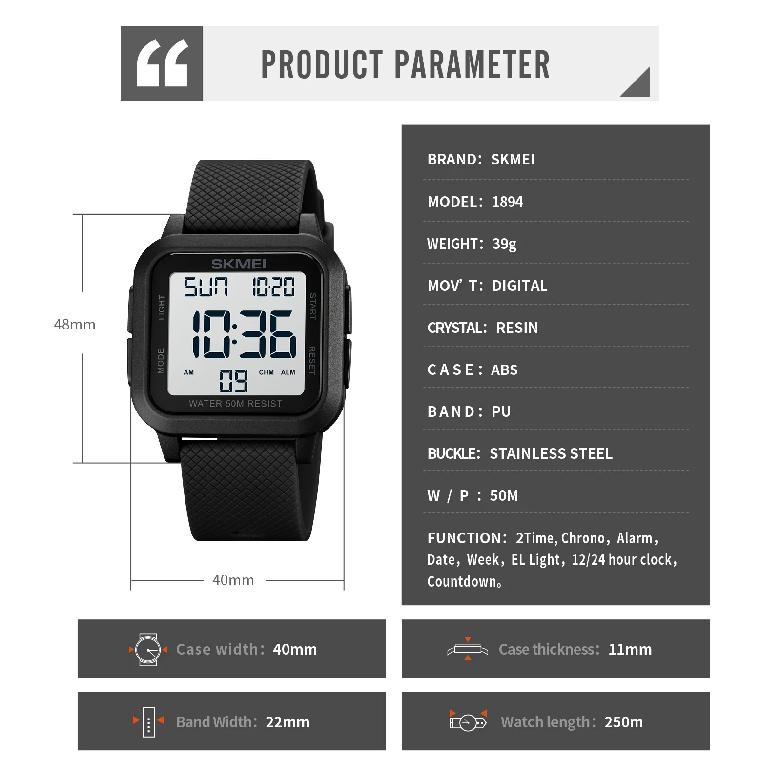 SKMEI Men's Digital Sports Watch with Backlight and Stopwatch, 5Bar Waterproof