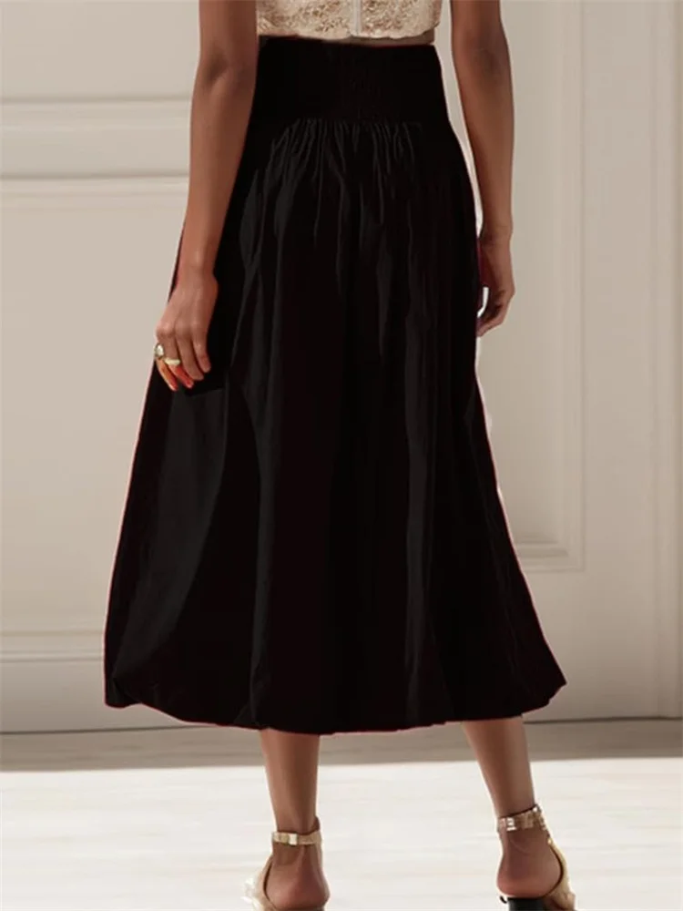 CHRONSTYLE Women Long Maxi Skirts Casual Loose Fit Elastic Waist Solid Color Ruched Pleated Skirts for Summer Spring Streetwear - view