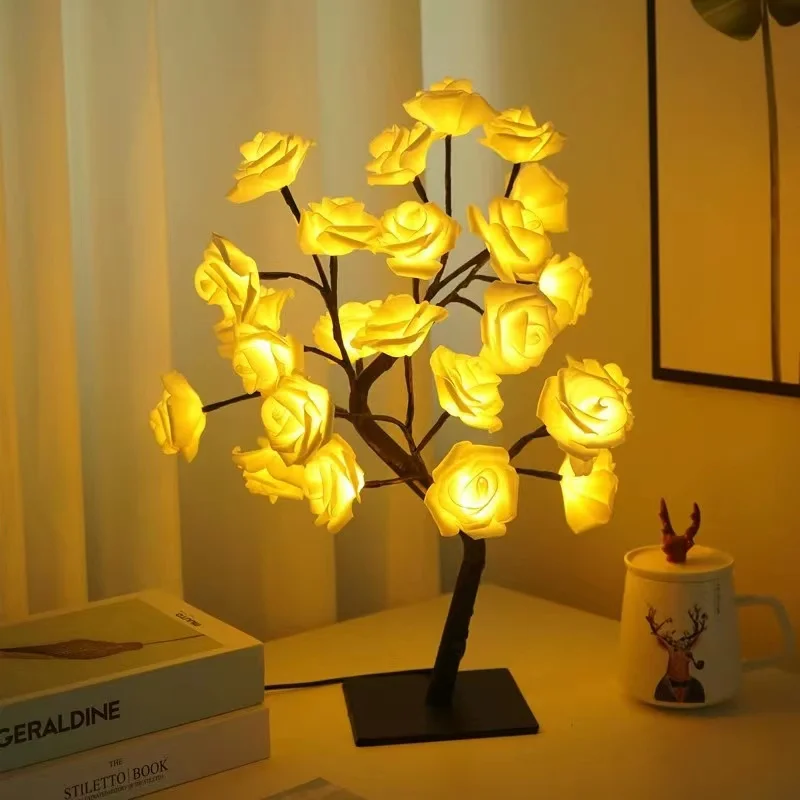 New 24LED Rose Tree Light USB Table Light Fairy Tale Maple Leaf Night Light Home Party Christmas Wedding Bedroom Decoration Gift creative glass cover wooden neon light modern art decoration led light bedroom night light home party christmas gift lighting