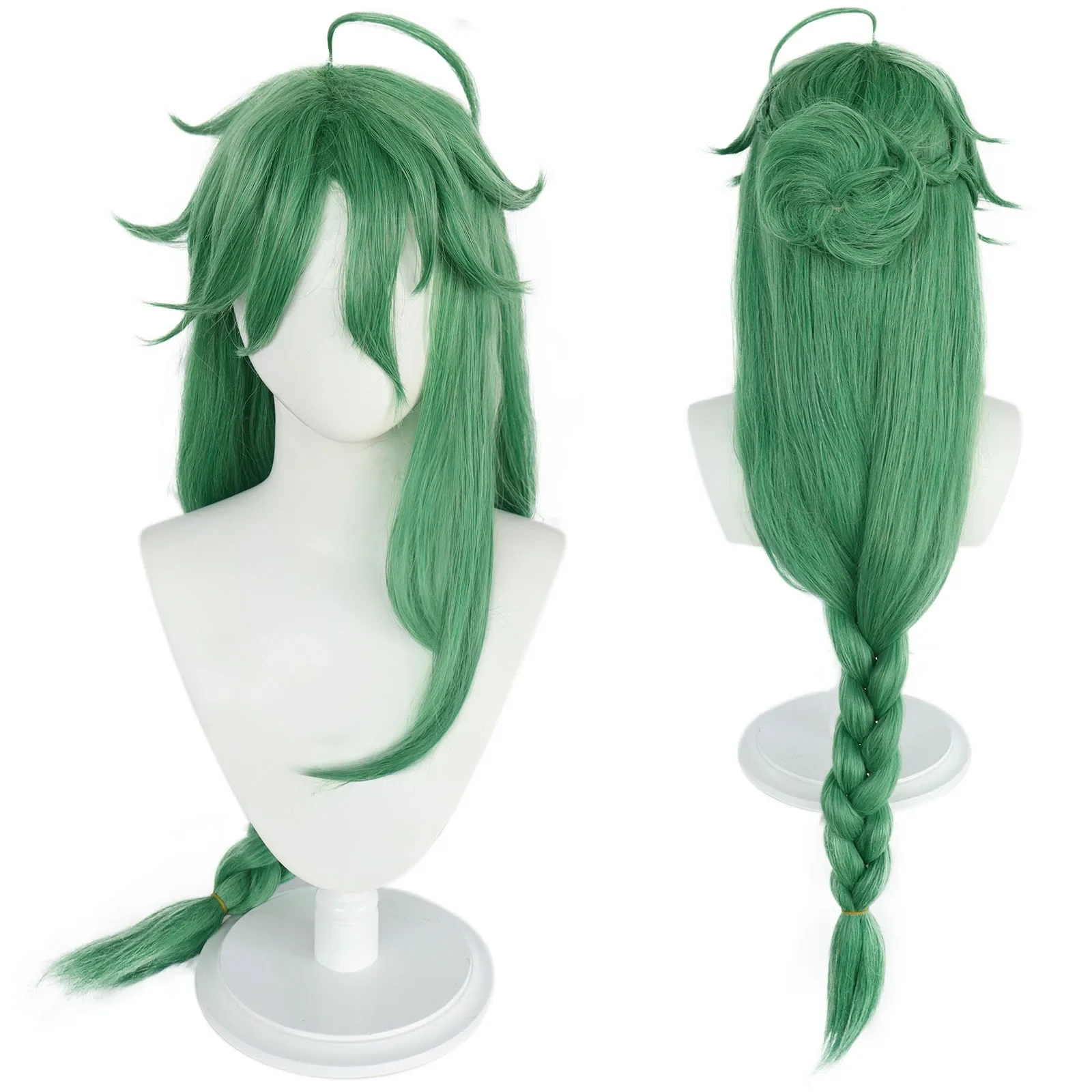 

80cm Lolita Long Green Braided Cosplay Wig with Bangs Extra Long Ponytail Updo Bun Wig for Halloween Christmas School