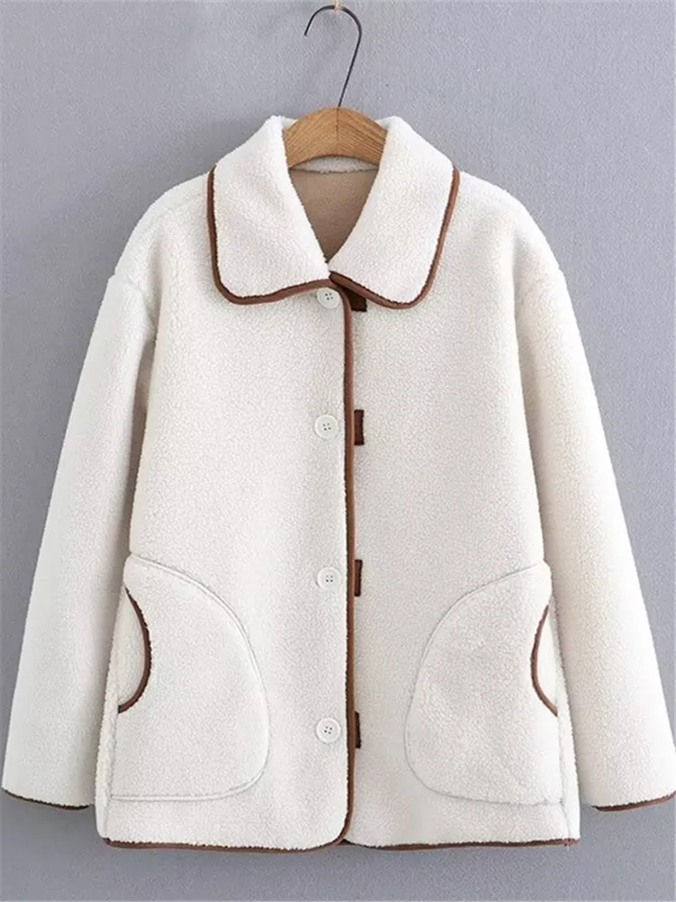 

Plus Size Women's Jacket Lapel Single Breasted Plush Jacket Solid Colour Thickened Long Sleeve Winter Coat Pockets On Both Sides