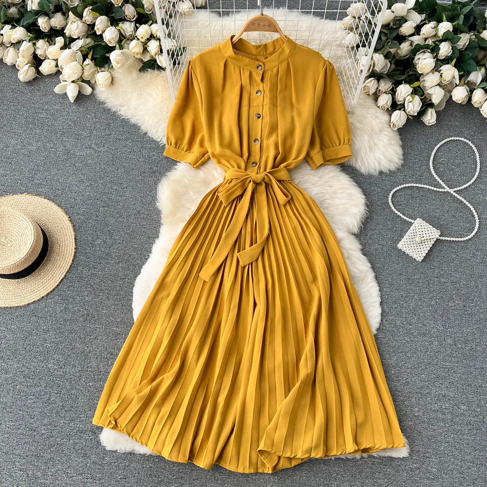 

Women Summer New Fashion Round Neck Bandage Waist Thin Short Sleeve Pleated Dress Solid Color Casual Clothes Vestidos G211