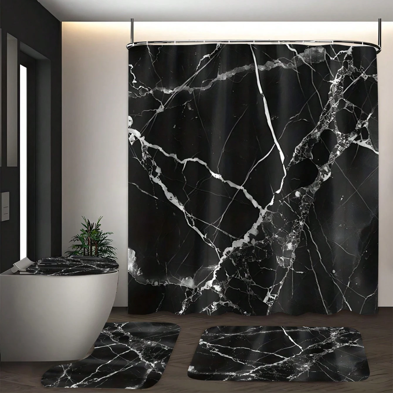4pcs Waterproof Black Marble Pattern Polyester Shower Curtain Set, Fashionable Theme, Includes Hooks Accessories 3